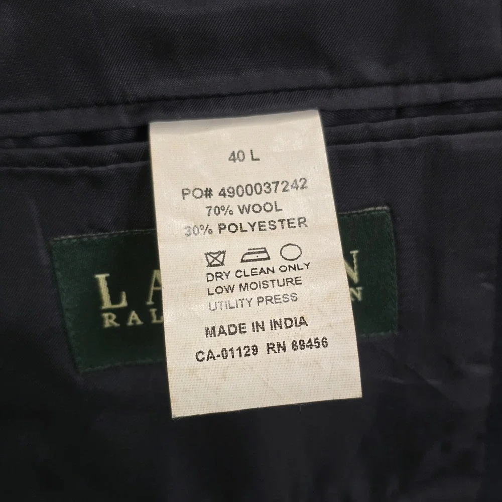 Lauren Ralph Lauren Mens 40L Navy Blue Wool Blend 2-Button Blazer Gold Buttons